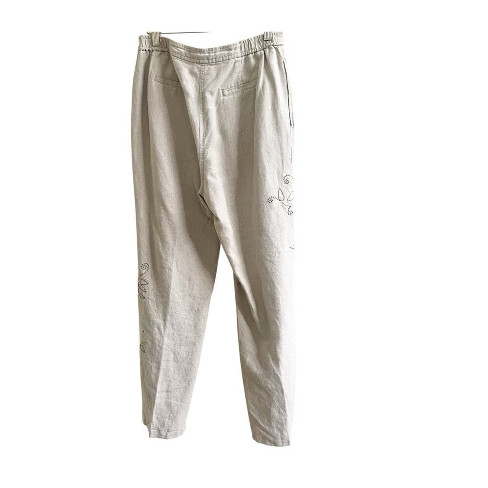 J. Jill Embroidered Floral Linen Wide Leg Pants Size 8 Petite Tan Pull On Beach - Picture 2 of 11